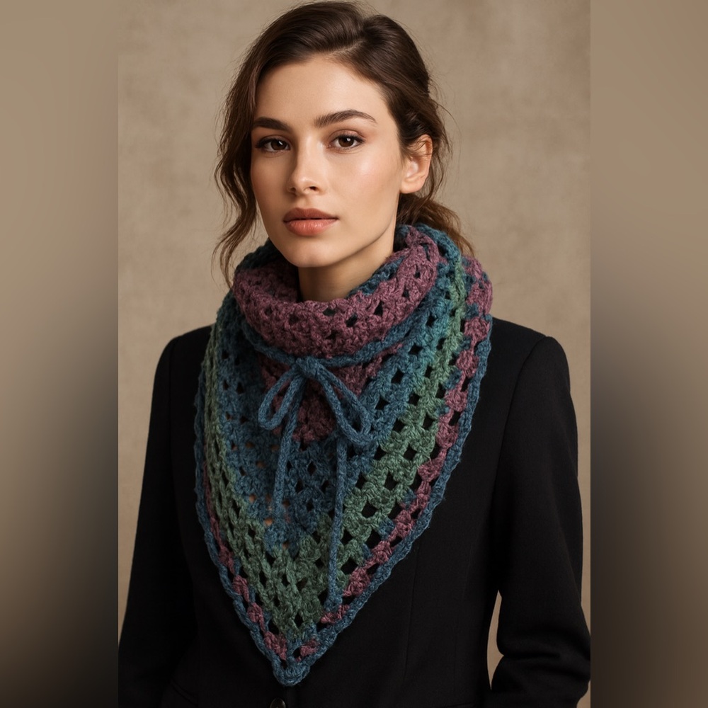 Handmade Crochet Triangle Wool Shawl in Green and Blue Scarf Cottagecore Rustic